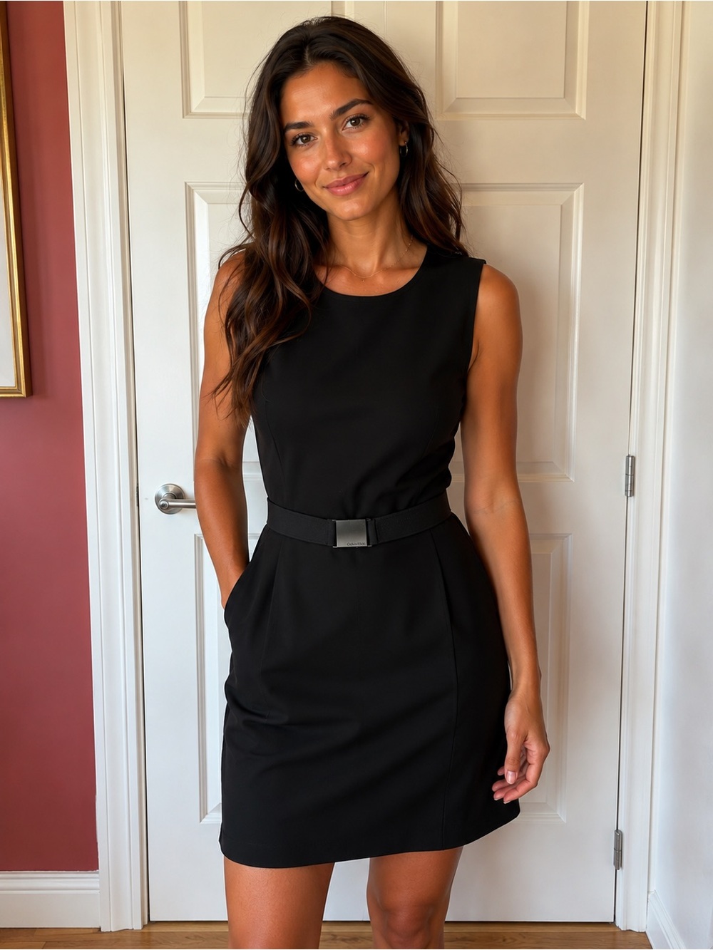 Calvin Klein Sleeveless Black Mini Sheath Dress with Belt